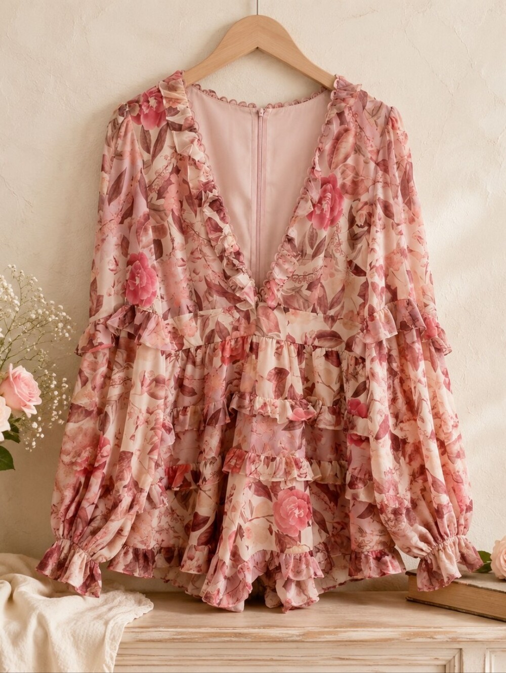 Showpo Pink Floral Ruffle Long Sleeve Romper Size 12 Romantic Cottagecore